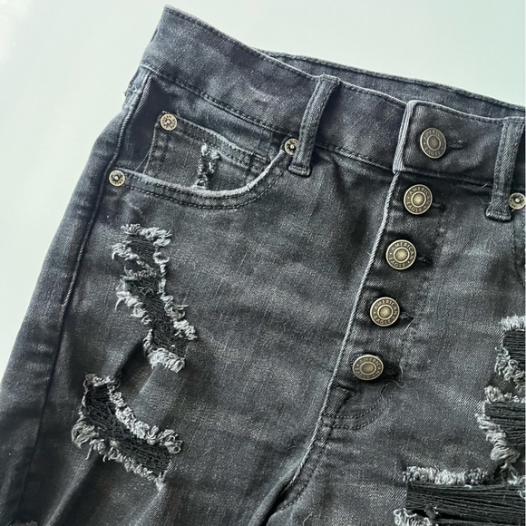 American Eagle • Distressed Washed Black Button Fly Super High Rise Shorties - Picture 3 of 6